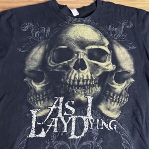 Vintage As I Lay Dying Band T-Shirt Mens Medium Black Skull Metalcore Y2K AOP